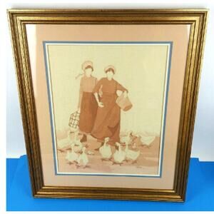 Feeding Time Signed by Vera Kirk Print Amish Batiks Watercolors Framed Matted